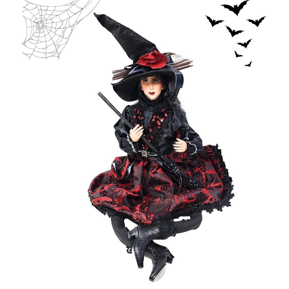 24" Halloween Witch with Black and Red Dress and Pointed Hat, Party Decor Wrea